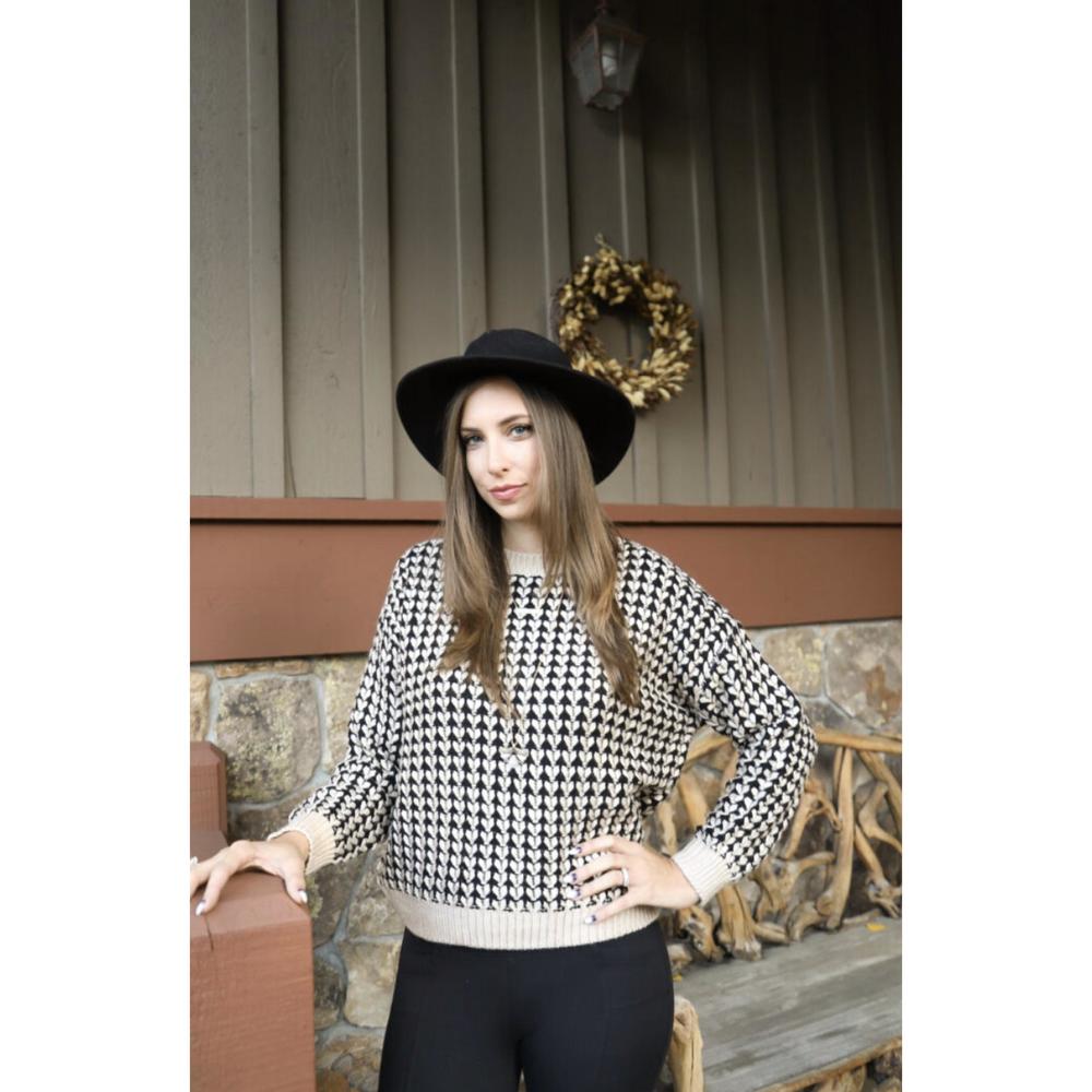 NEW LUMIERE patterned long sleeve knit sweater in tan and black